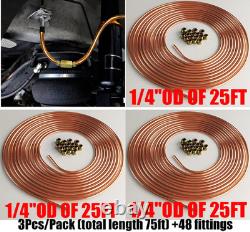 3x 25Ft Coil Roll Iron Plating Copper Brake Line Tubing Kit with48 Fittings 1/4OD