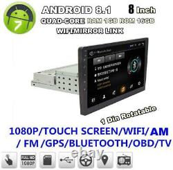 8 1DIN Android 8.1 Car Radio Wifi Mirror Link Player GPS Navi Head Unit 1+16GB