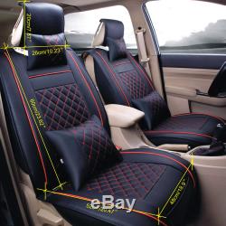 Black/Red Car 5-Seats SUV PU Leather Seat Cover Front+Rear withNeck Lumbar Pillow