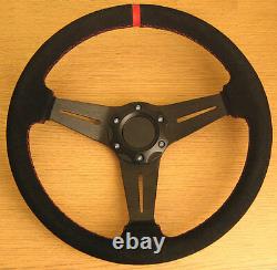 Genuine Leather Sports Steering Wheel with Red Stitch and Suede Finish 350mm